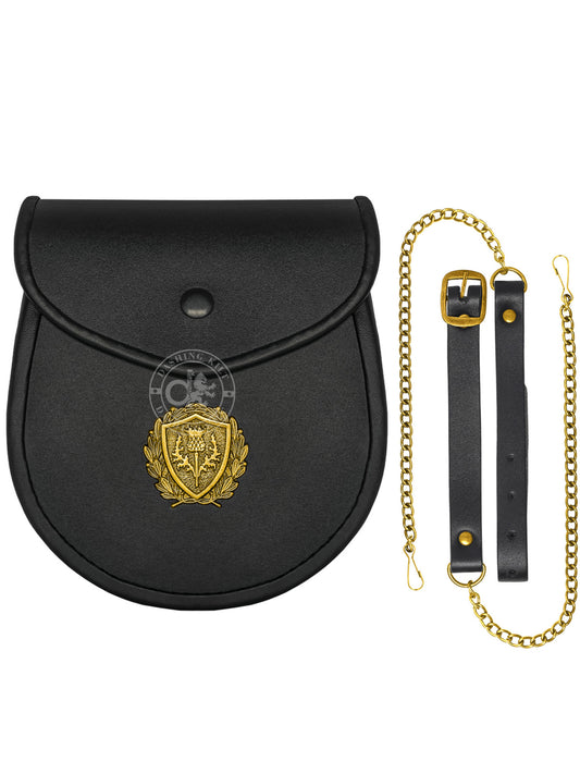 Scottoh Real Leather Kilt Sporran for men with Badge, and Chain Strap