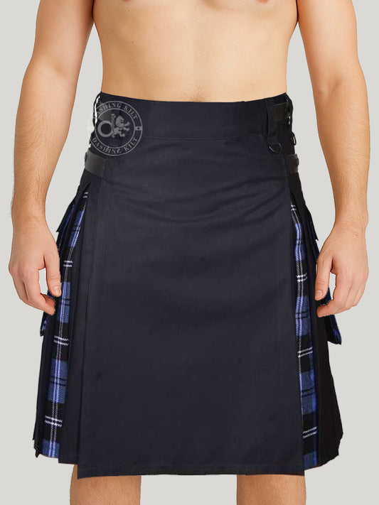 Hybrid Black Cotton & Ramsay-Blue Tartan Utility Kilt For Men With Leather Strap