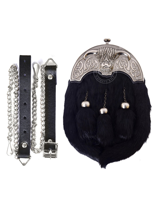 Full Dress Antique Scottish Cow Design Cantle Black Rabbit Fur with Three Matching Tassels