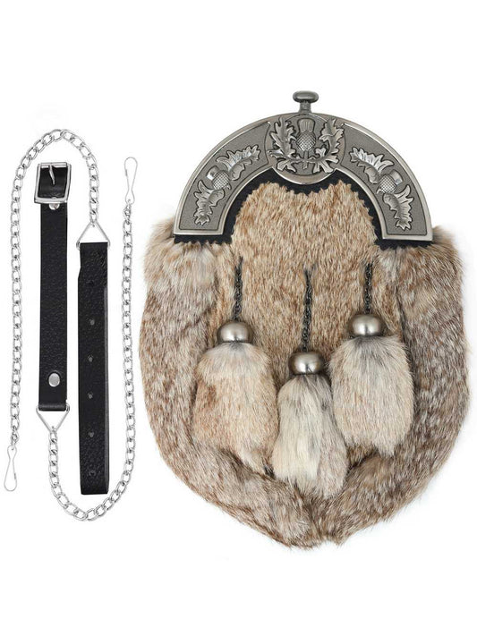 Full Dress Antique Thistle Design Cantle Light Brown Rabbit Fur with Three Matching Tassels