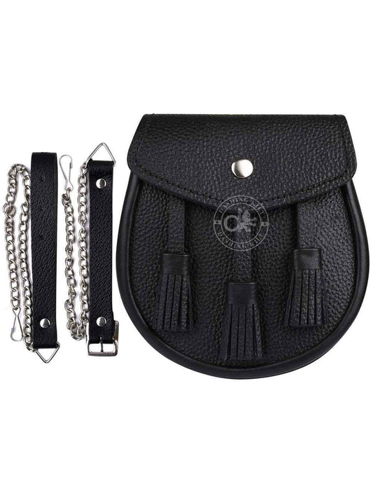 Black Leather Simple Day Sporran with Matching Tassels-for Men Kilt Accessory for Men’s Kilt