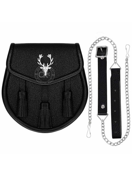 Highland Stag Embossed Black Leather Sporran with Chain Belt