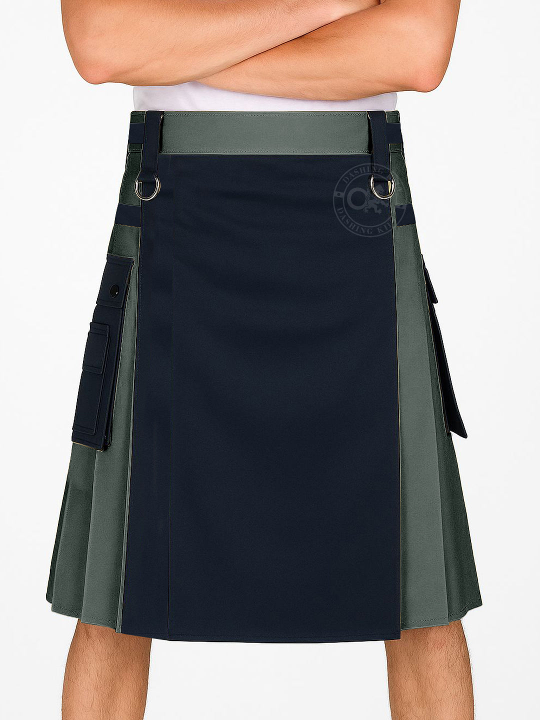Black and Olive Green Double Tone kilt with Leather Straps