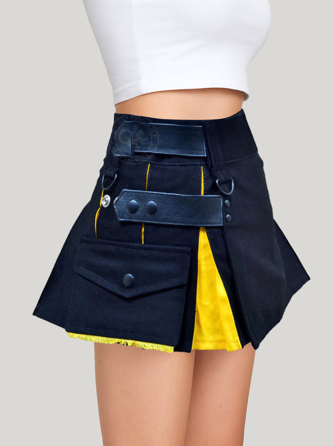 Deluxe Black and Yellow Hybrid Kilt for Girls