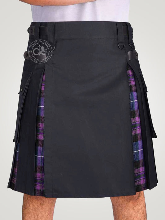 Hybrid Black Cotton & Pride of Scotland Tartan Utility Kilt For Men With Leather Strap