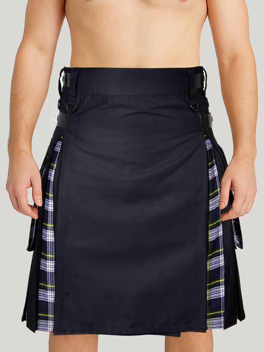 Hybrid Black Cotton & Dress Gordon Tartan Utility Kilt For Men With Leather Strap