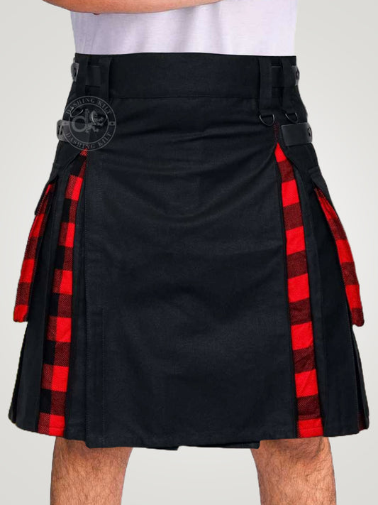 Hybrid Black Cotton & Rob Roy Tartan Utility Kilt For Men With Leather Strap