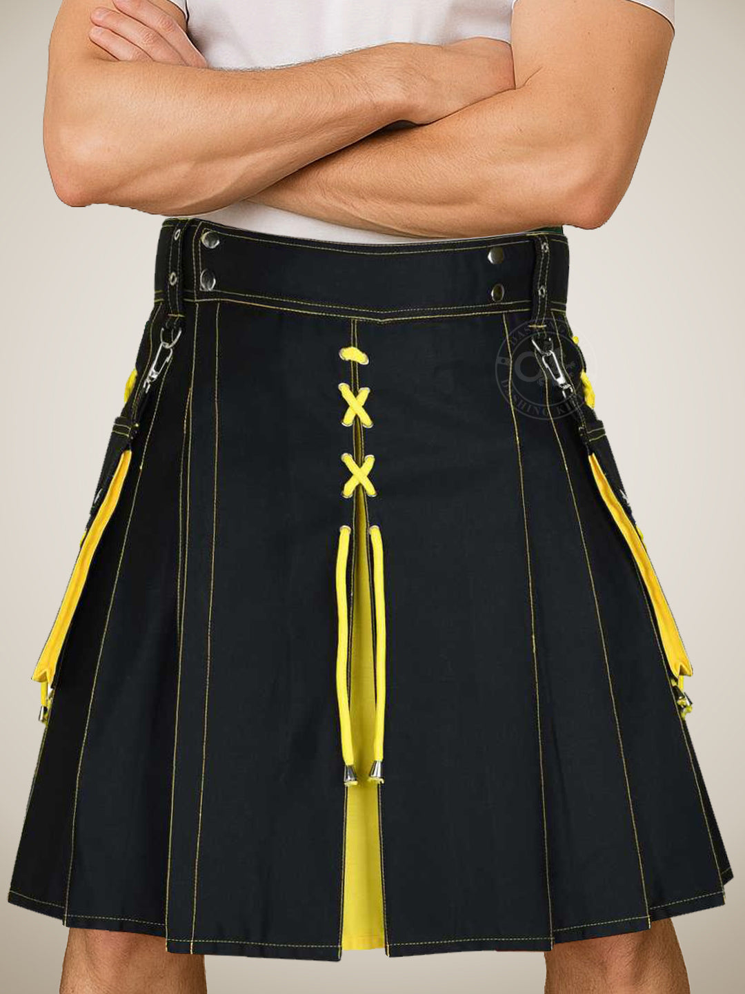 Men's Black & Yellow Utility Kilt – Gothic Style with Tassels, Contrast Stitching & Detachable Pockets