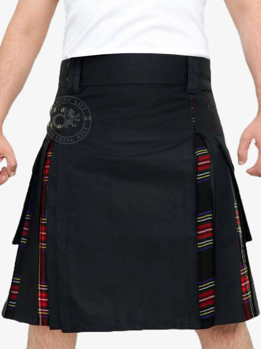Modern Hybrid Black Cotton & Black Stewart Tartan Utility Kilt for Men