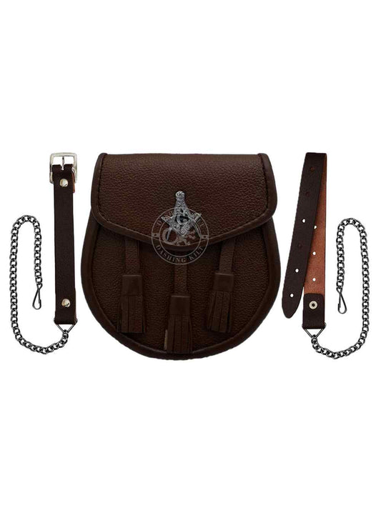 Brown Leather Day Sporran for Men With Masonic Badge-Kilt Accessory for Men’s Kilt