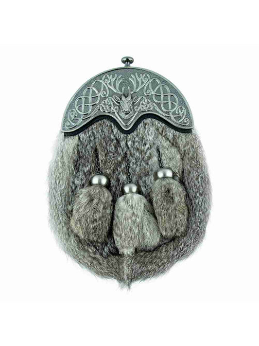 Full Dress Antique Stag Head Design Cantle Grey Rabbit Fur with Three Matching Tassels