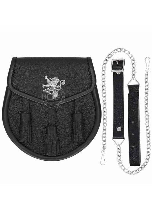 Highland Traditional Black Leather Sporran with Chrome Lion Emblem