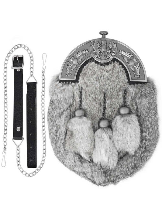 Full Dress Antique Thistle Design Cantle Grey Rabbit Fur with Three Matching Tassels