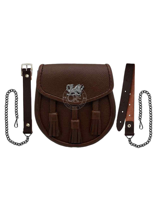 Brown Leather Day Sporran for Men With Dragon Badge-Kilt Accessory for Men’s Kilt