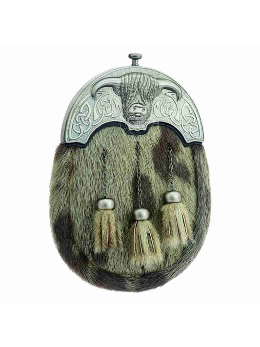 Full Dress Antique Scottish Cow Design Cantle Brown Seal Fur with Three Matching Tassels