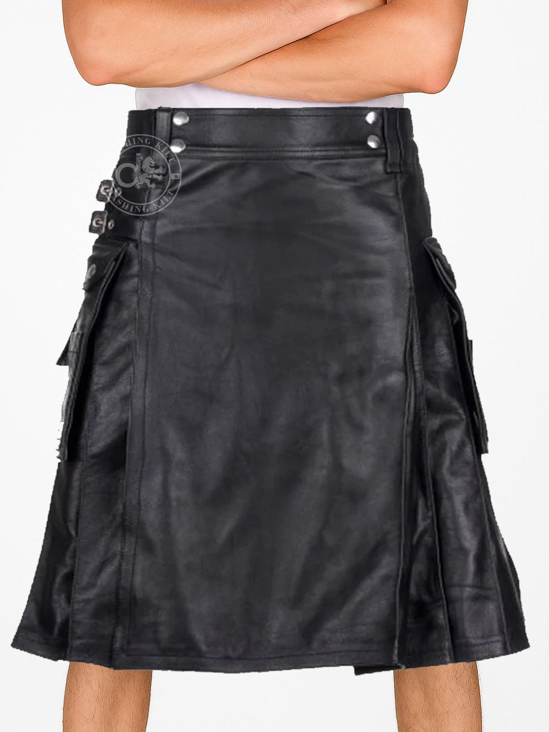 Men Modern Black Leather Utility Kilt