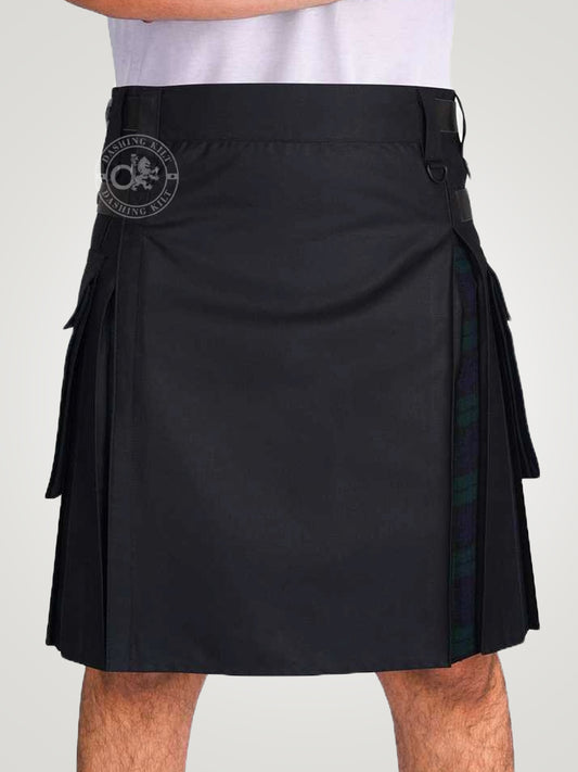 Hybrid Black Cotton & Black Watch Tartan Utility Kilt For Men With Leather Strap