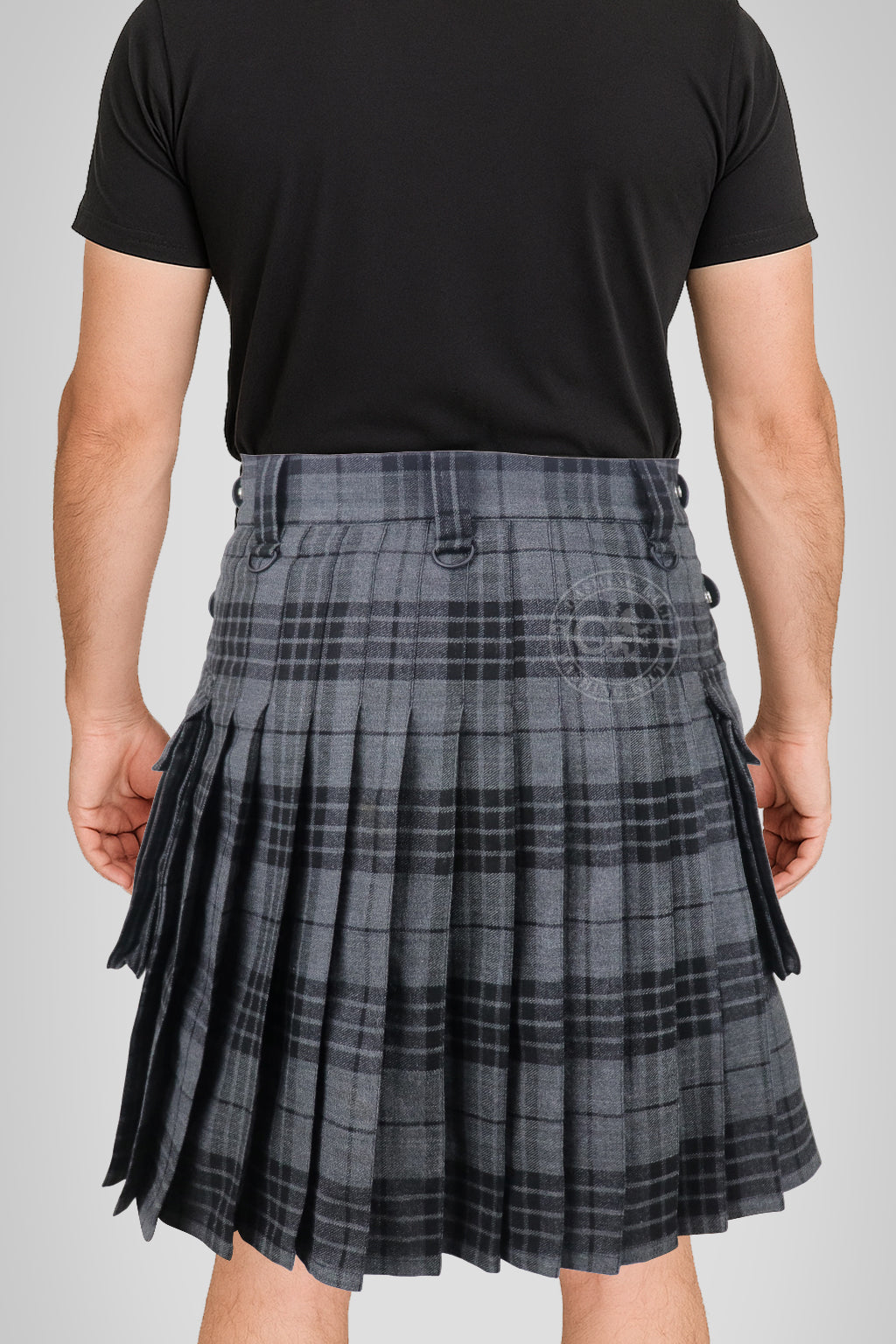 Scotish Light Weight Grey Watch Tartan Utility Kilt for Men With Leather Strap & Cargo Pockets
