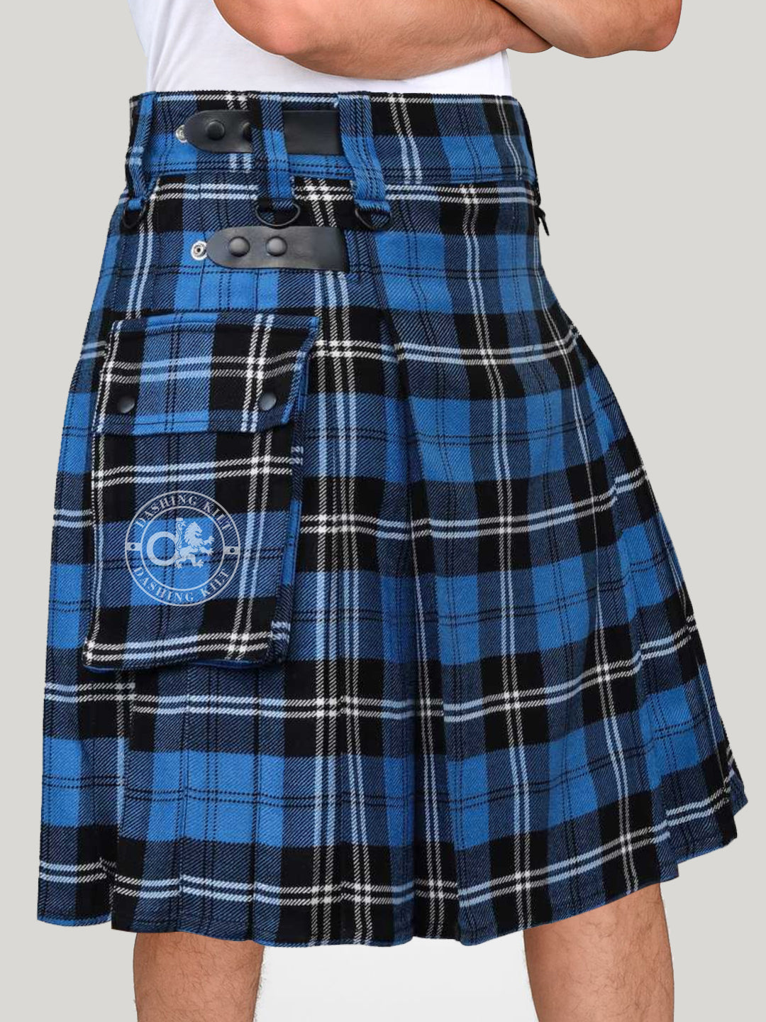 Scottish Light Weight Ramsay Blue Tartan Utility Kilt for Men With Leather Strap & Cargo Pocket