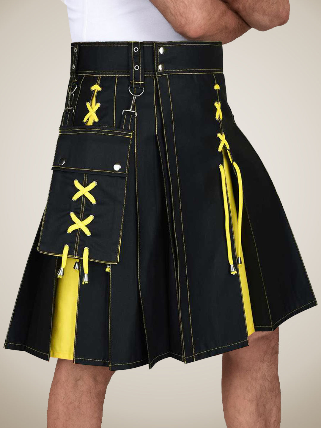Men's Black & Yellow Utility Kilt – Gothic Style with Tassels, Contrast Stitching & Detachable Pockets