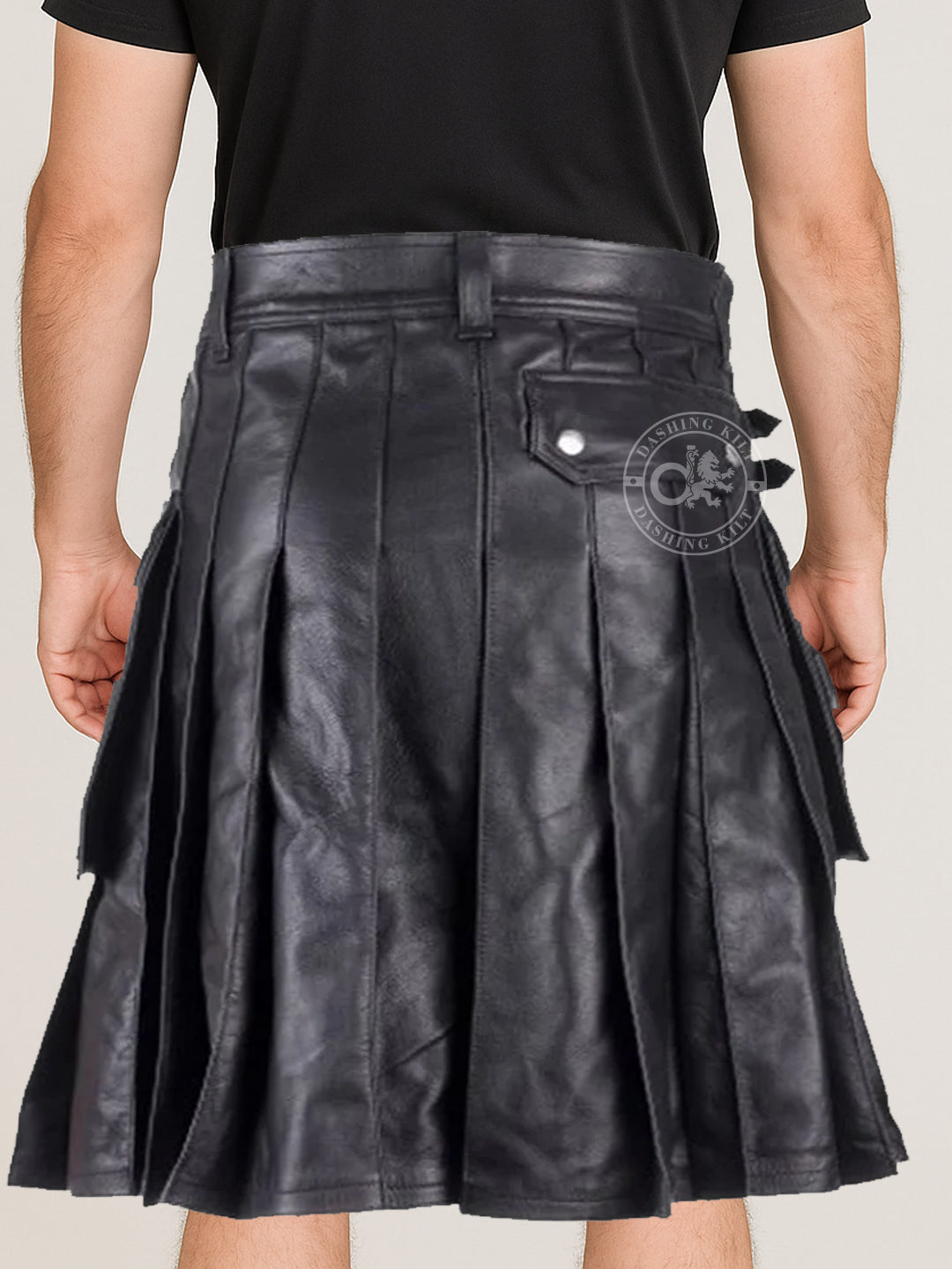 Men Modern Black Leather Utility Kilt
