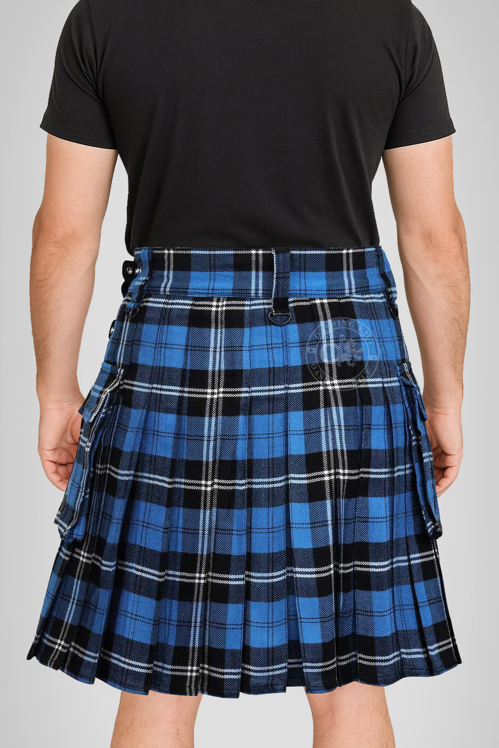 Scottish Light Weight Ramsay Blue Tartan Utility Kilt for Men With Leather Strap & Cargo Pocket