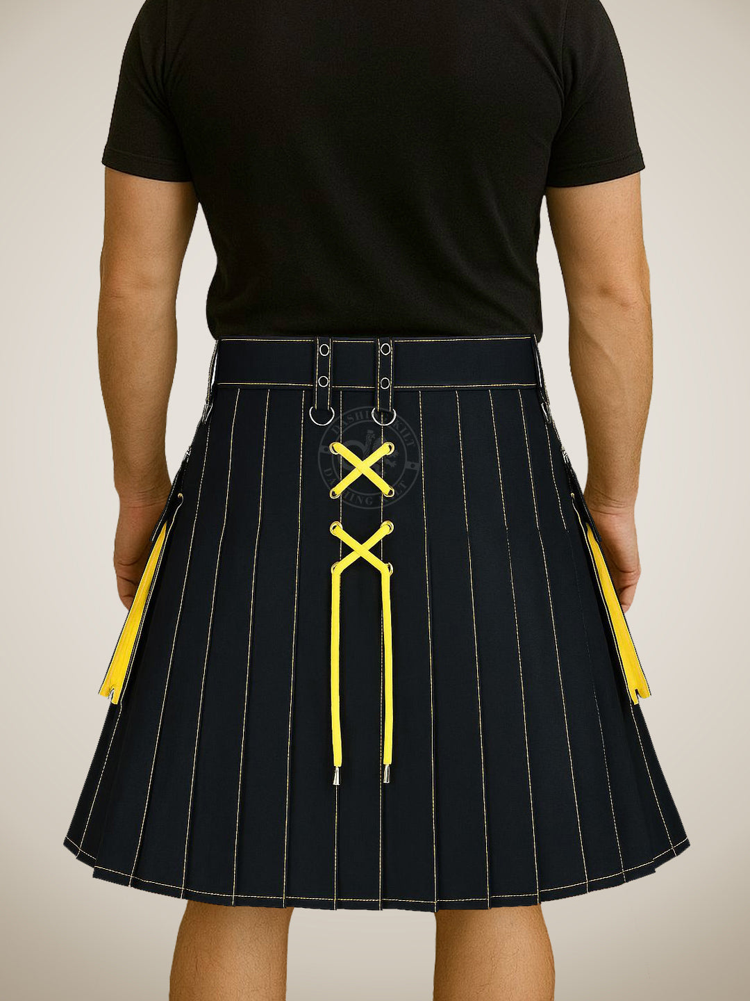 Men's Black & Yellow Utility Kilt – Gothic Style with Tassels, Contrast Stitching & Detachable Pockets