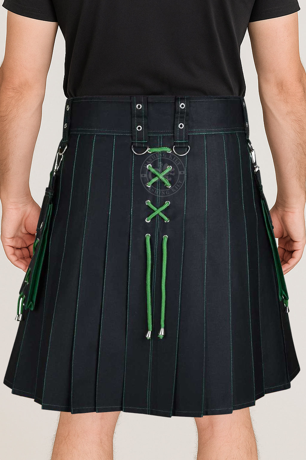 Modern Two Tone Black & Green Cotton Utility kilt for men with detachable cargo pockets and unique design of X-Cross drawstring.