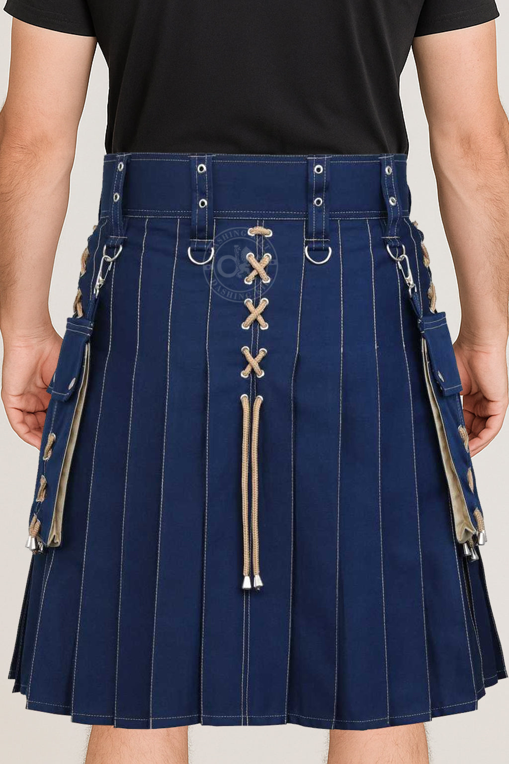 Modern Two Tone Blue & Khaki Cotton Utility kilt for men with detachable cargo pockets and unique design of X-Cross drawstring