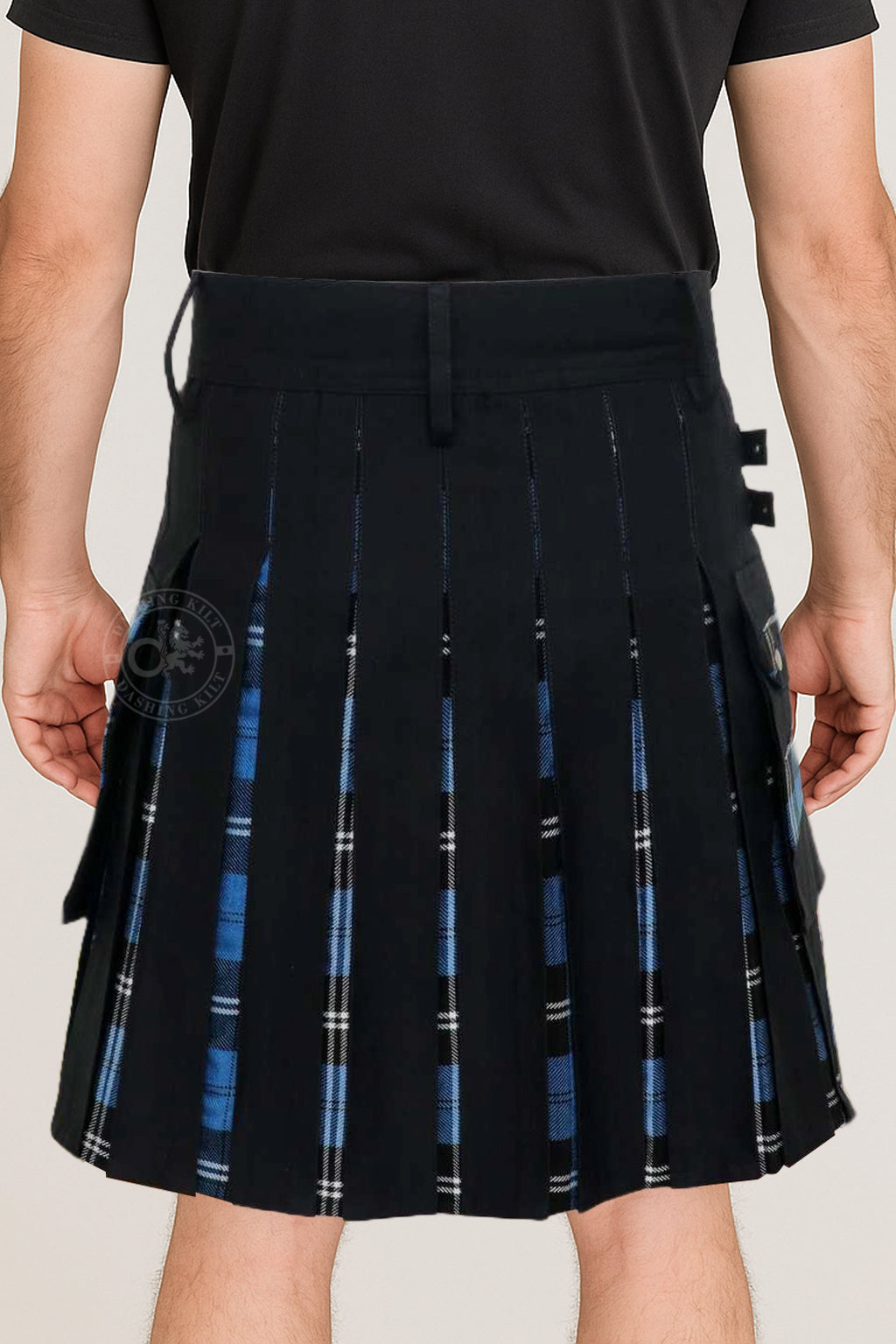 Men’s Modern Hybrid Cotton & Ramsay-Blue Tartan Cross Strips Designer’s Wedding Kilt