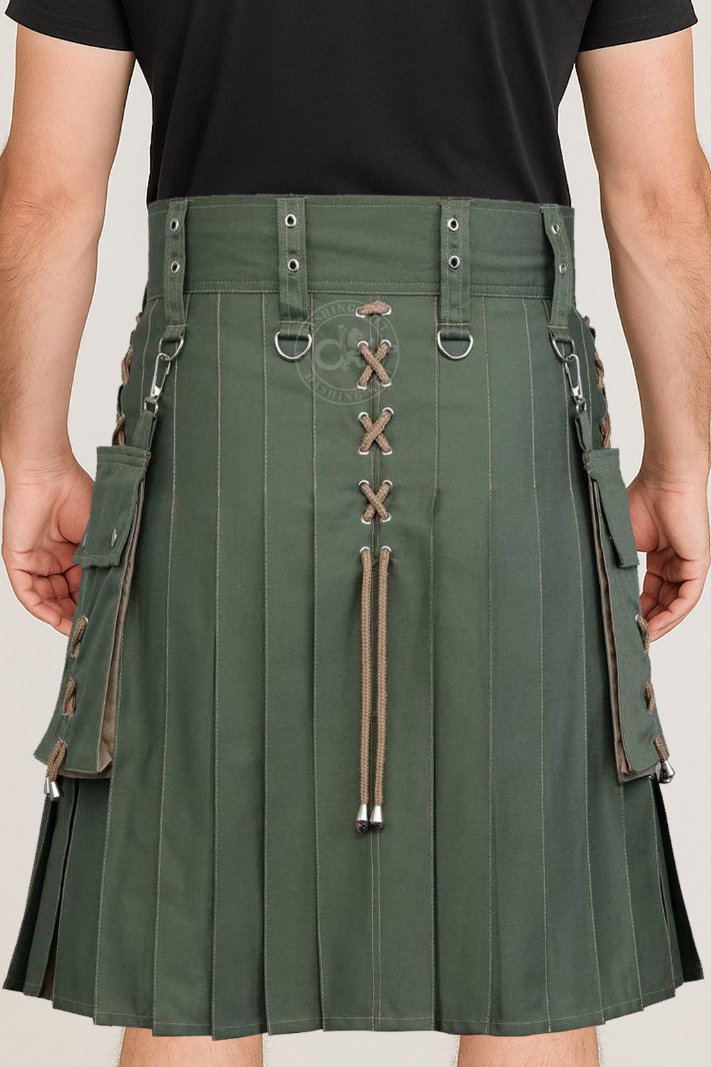 Modern Two Tone Olive Green & Khaki Cotton Utility kilt for men with detachable cargo pockets and unique design of X-Cross drawstring