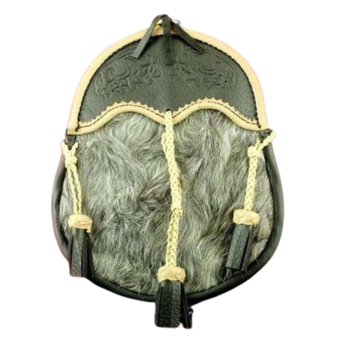 Traditional Hair-On Cowhide Leather Sporran – Celtic Embossed Design with Tassels | Highland Kilt Accessory for Men
