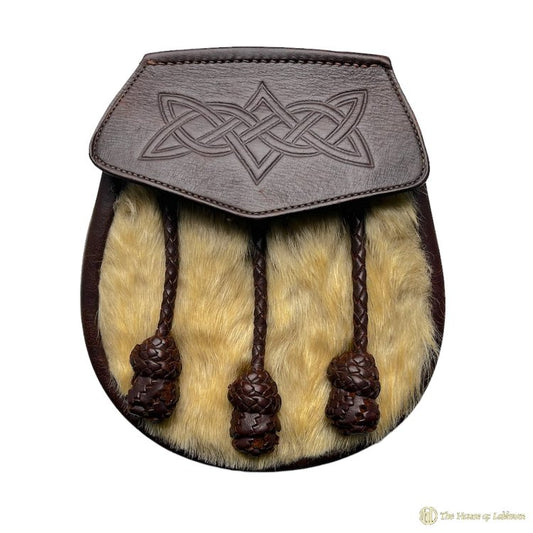Celtic Embossed Leather Sporran – Light Hair-On Hide Front with Braided Tassels | Traditional Highland Kilt Accessory for Men