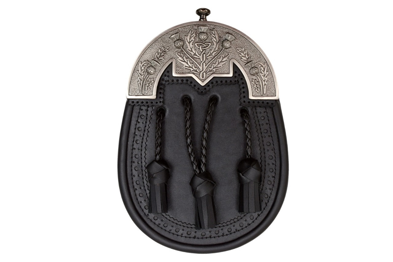 Black Leather Dress Sporran with Thistle Cantle – Traditional Highland Kilt Accessory with Braided Tassels