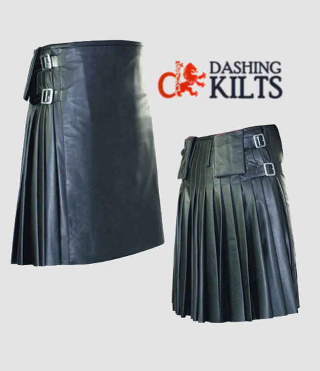 Men Black Leather Kilt