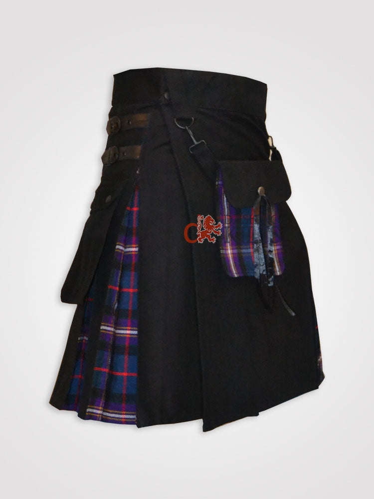 Men Black and Masonic Tartan Celtic Pouch Hybrid Kilt