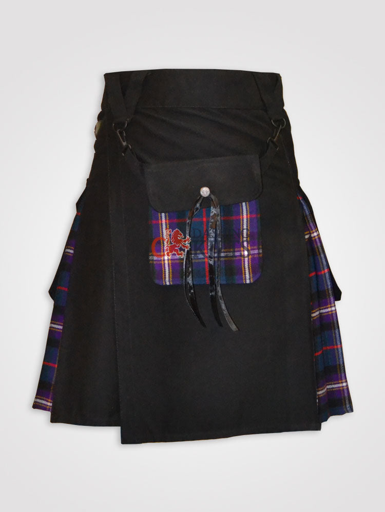 Men Black and Masonic Tartan Celtic Pouch Hybrid Kilt