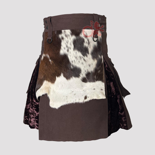 Custom Hybrid  Artificial Brown Suede Leather Kilt with Velvet Pleats – Artifical Brown Suede Utility Kilt with Real Fur Front Panel | Scottish Highland Steampunk Style