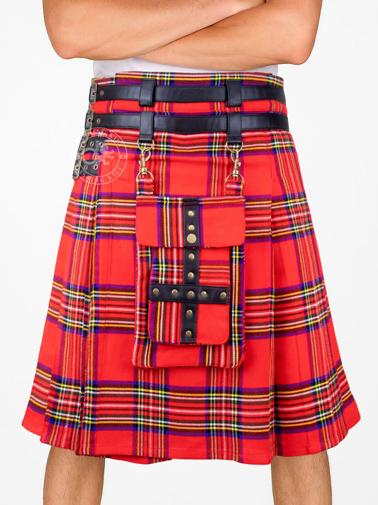 Adjustable 16oz Royal Stewart Tartan Utility Kilt for Men With Front Detachable Pocket