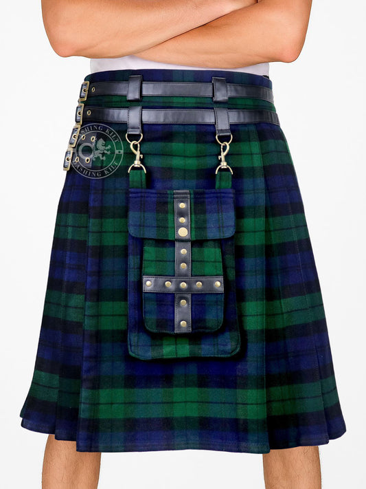 Adjustable 16oz Black Watch Tartan Utility Kilt for Men With Front Detachable Pocket