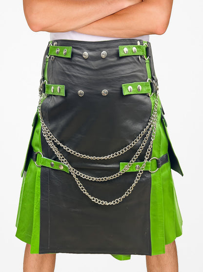 Black & Dark Green Men Leather Fashion Kilt
