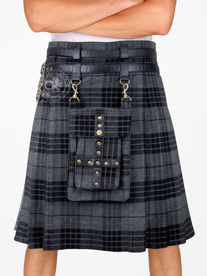 Grey Watch Tartan 16oz Utility Kilt for Men With Front Detachable Pocket