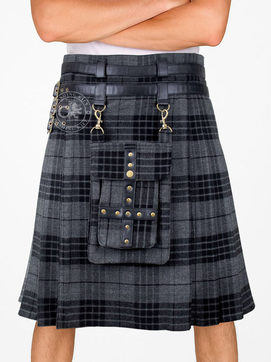Grey Watch Tartan 16oz Utility Kilt for Men With Front Detachable Pocket