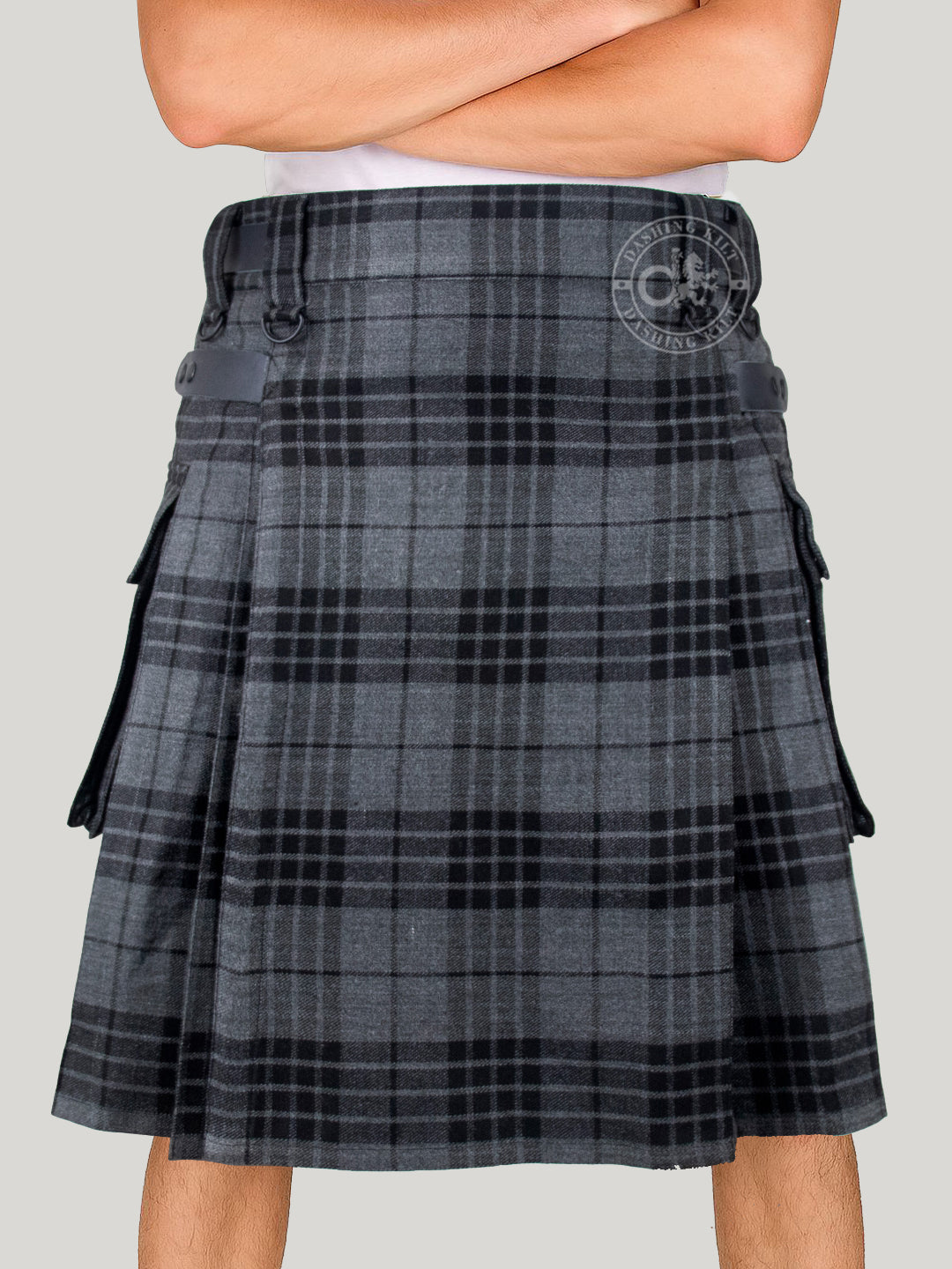 Scotish Light Weight Grey Watch Tartan Utility Kilt for Men With Leather Strap & Cargo Pockets