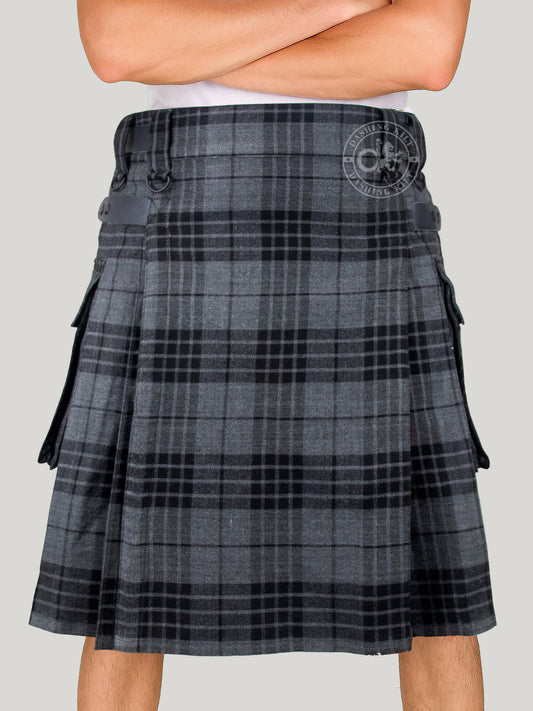 Scotish Light Weight Grey Watch Tartan Utility Kilt for Men With Leather Strap & Cargo Pockets