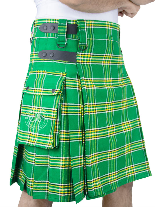 Scottish Light Weight National Irish Green Tartan Utility Kilt for Men With Leather Strap & Cargo Pockets