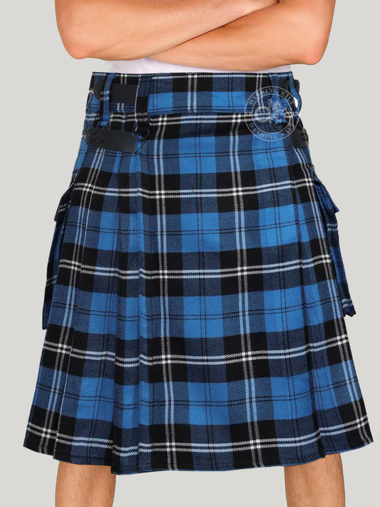 Scottish Light Weight Ramsay Blue Tartan Utility Kilt for Men With Leather Strap & Cargo Pocket