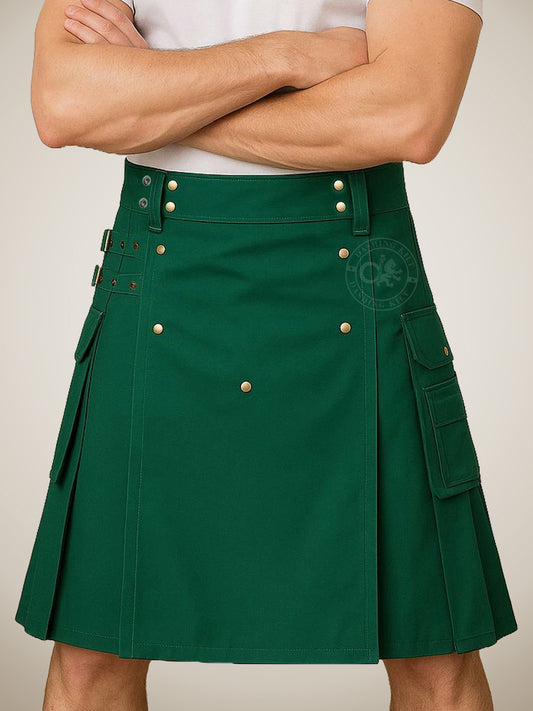 Men's Green Cotton Utility Kilt with Side Pockets & Brass Studs – Modern Workwear Kilt