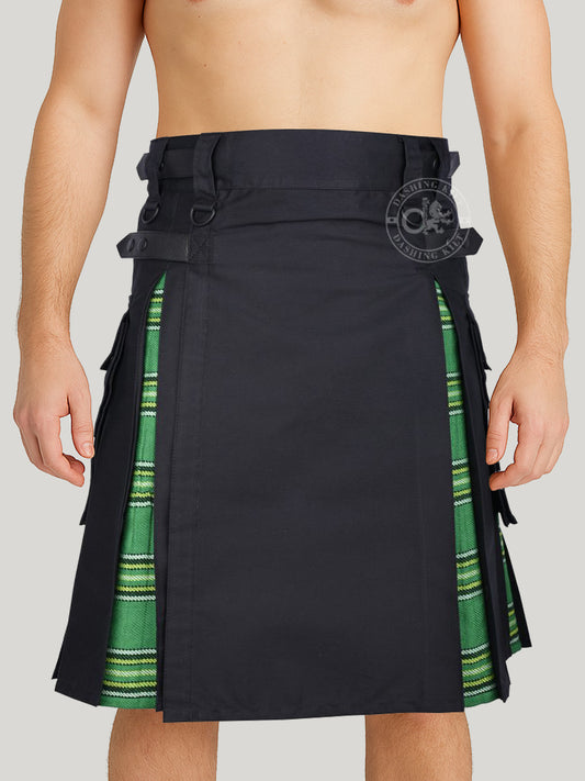 Men’s Hybrid Black Cotton & Irish National Green Tartan Kilt With Leather Straps & Cargo Pockets