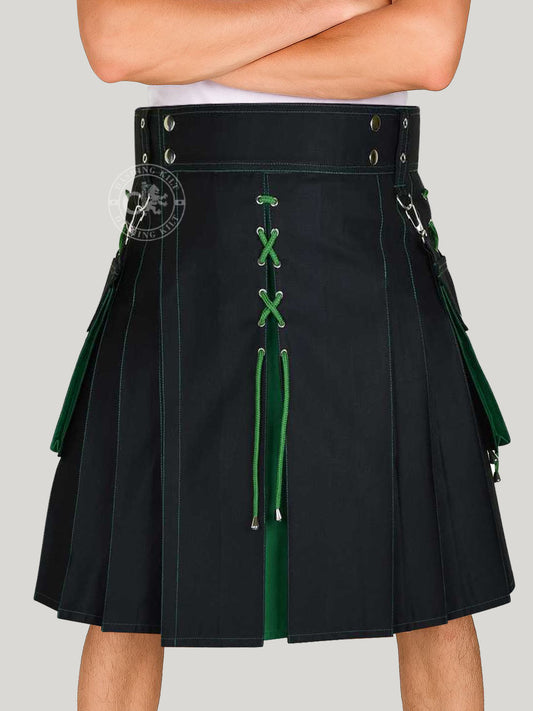 Modern Two Tone Black & Green Cotton Utility kilt for men with detachable cargo pockets and unique design of X-Cross drawstring.